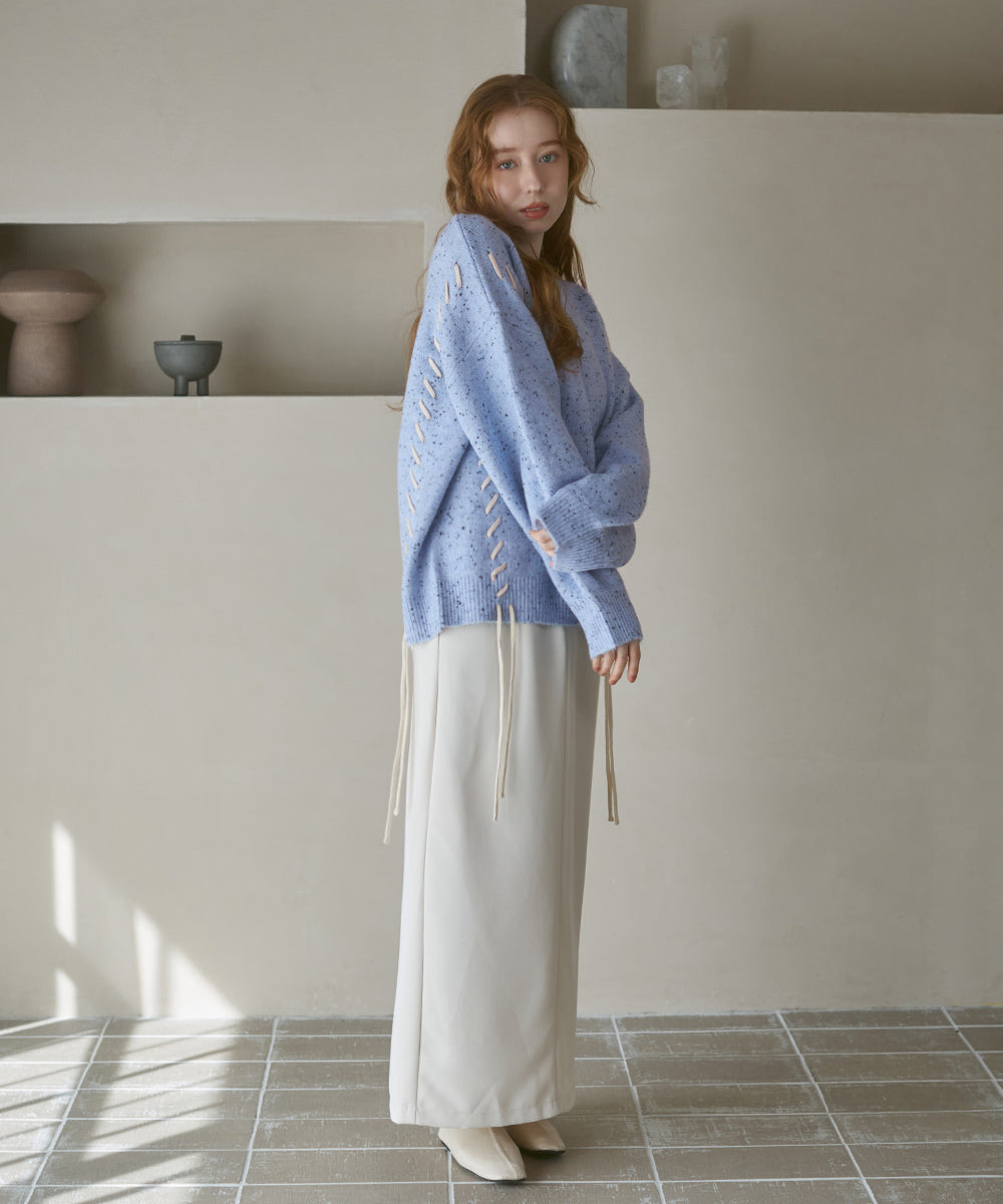 チョコチップ風ネップ 編み上げニットトップス