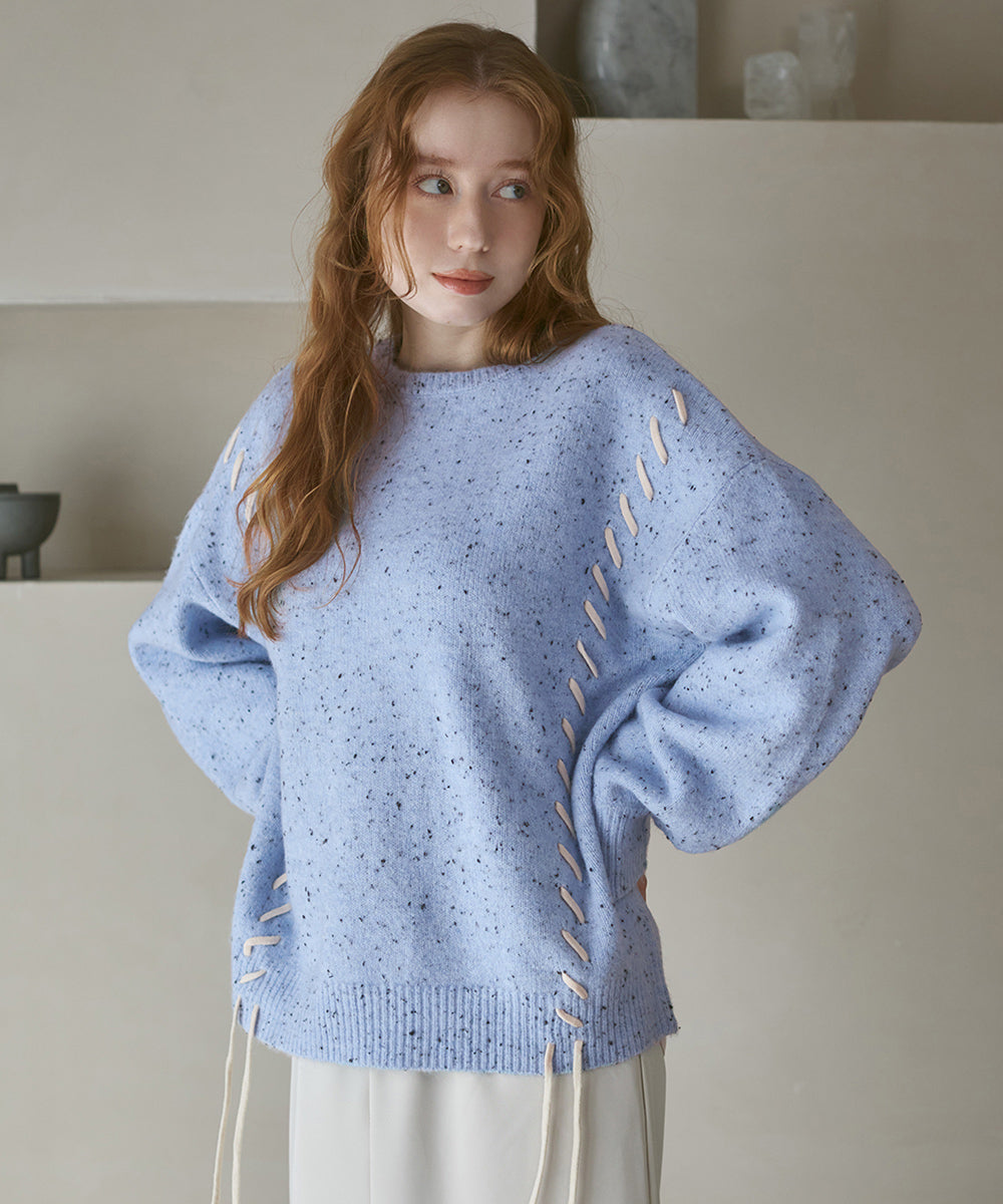 チョコチップ風ネップ 編み上げニットトップス