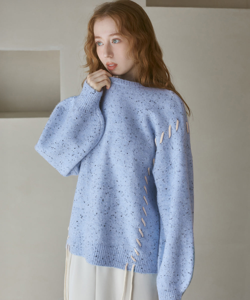 チョコチップ風ネップ 編み上げニットトップス