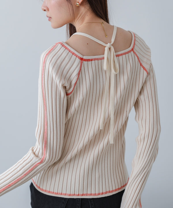 配色ステッチスクエアネックニットトップス