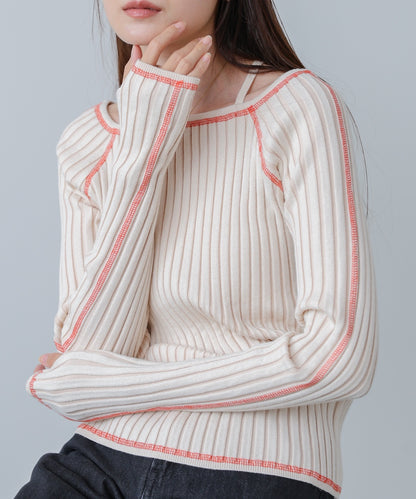 配色ステッチスクエアネックニットトップス
