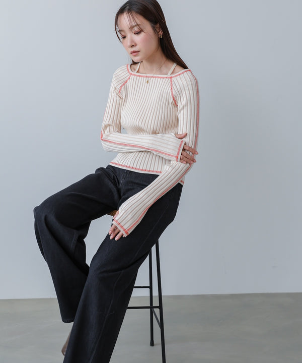 配色ステッチスクエアネックニットトップス