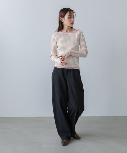 配色ステッチスクエアネックニットトップス
