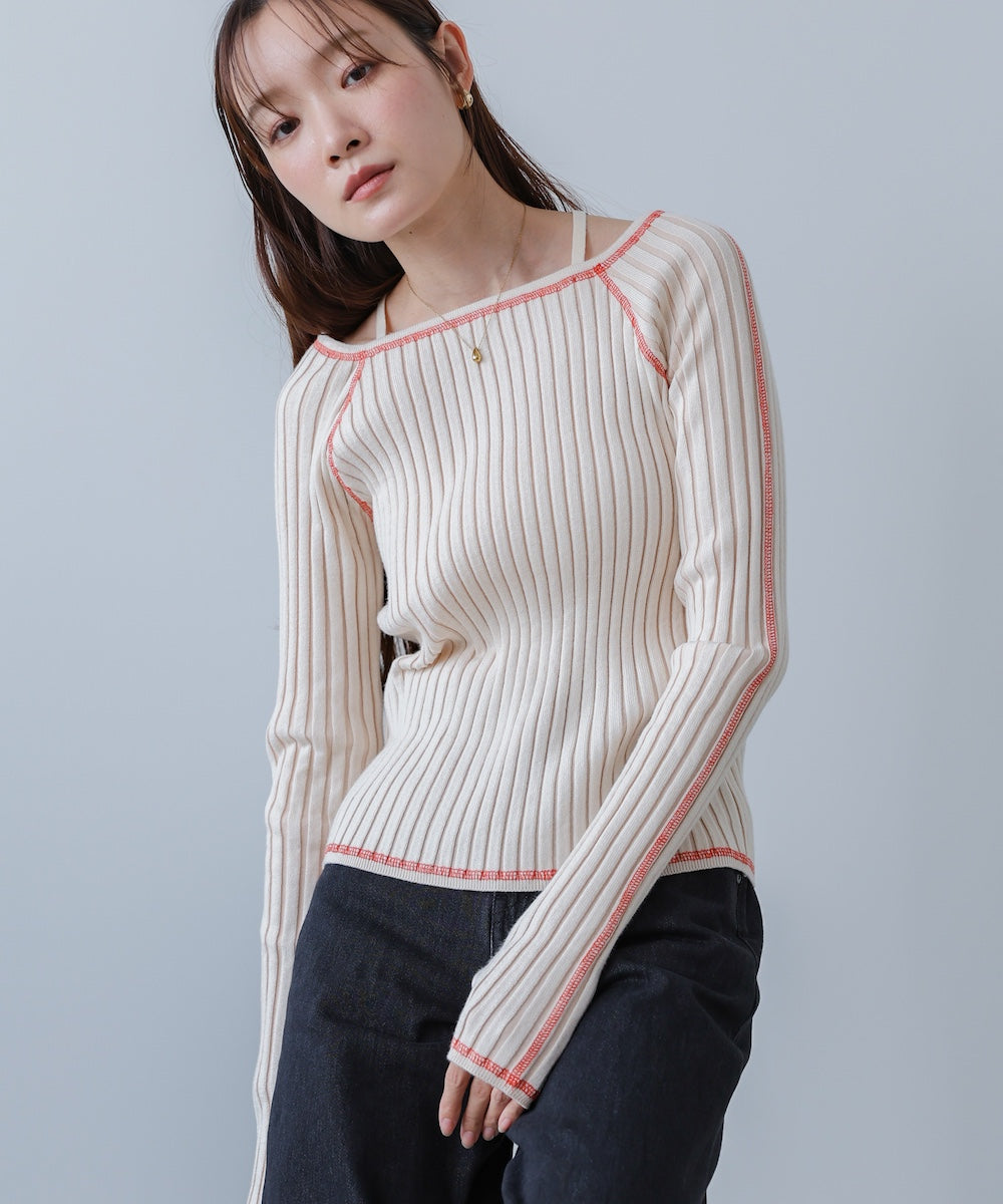 配色ステッチスクエアネックニットトップス