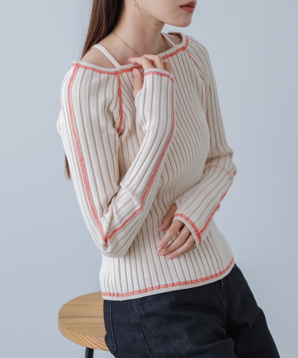 配色ステッチスクエアネックニットトップス