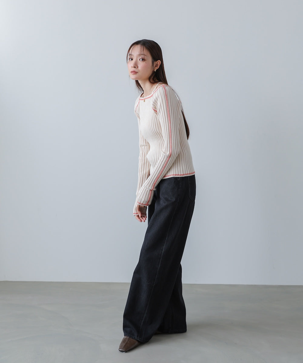 配色ステッチスクエアネックニットトップス