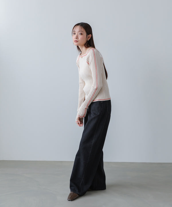 配色ステッチスクエアネックニットトップス