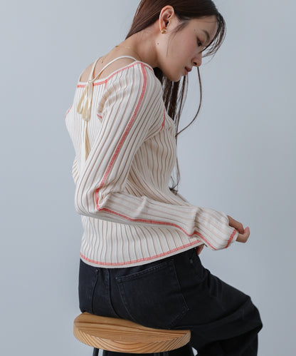 配色ステッチスクエアネックニットトップス