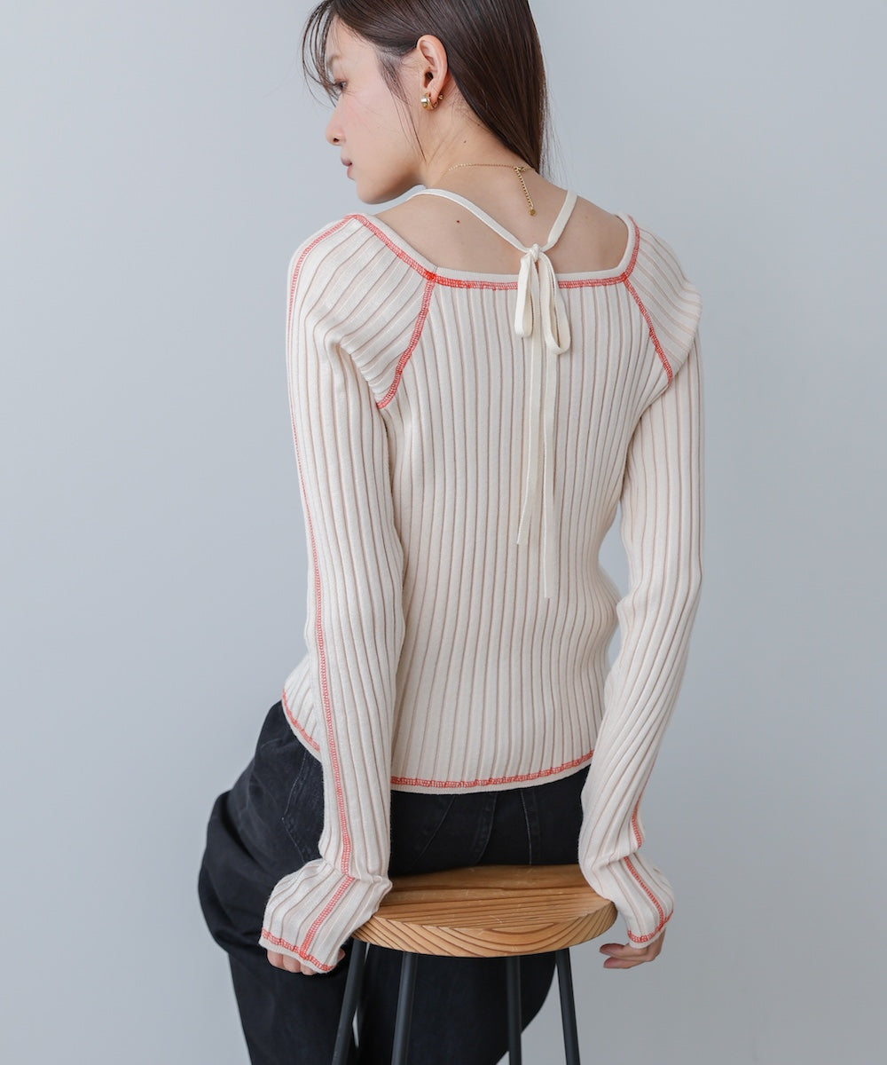 配色ステッチスクエアネックニットトップス