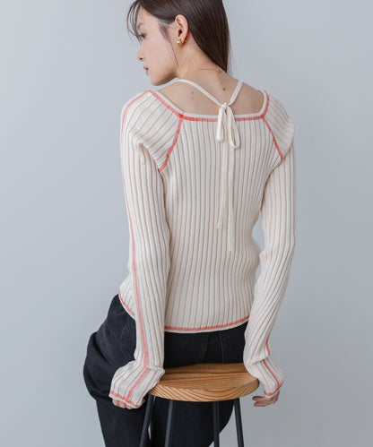 配色ステッチスクエアネックニットトップス