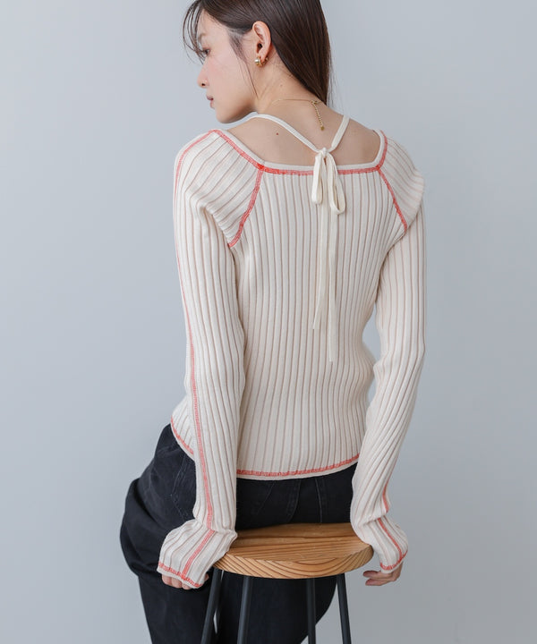 配色ステッチスクエアネックニットトップス