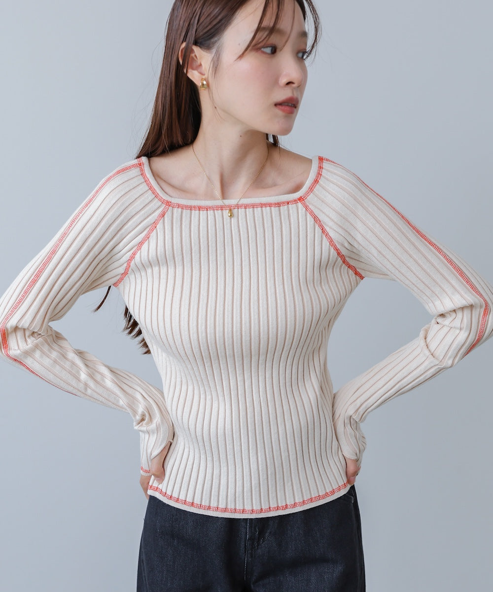 配色ステッチスクエアネックニットトップス