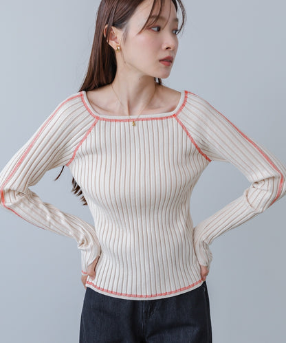 配色ステッチスクエアネックニットトップス