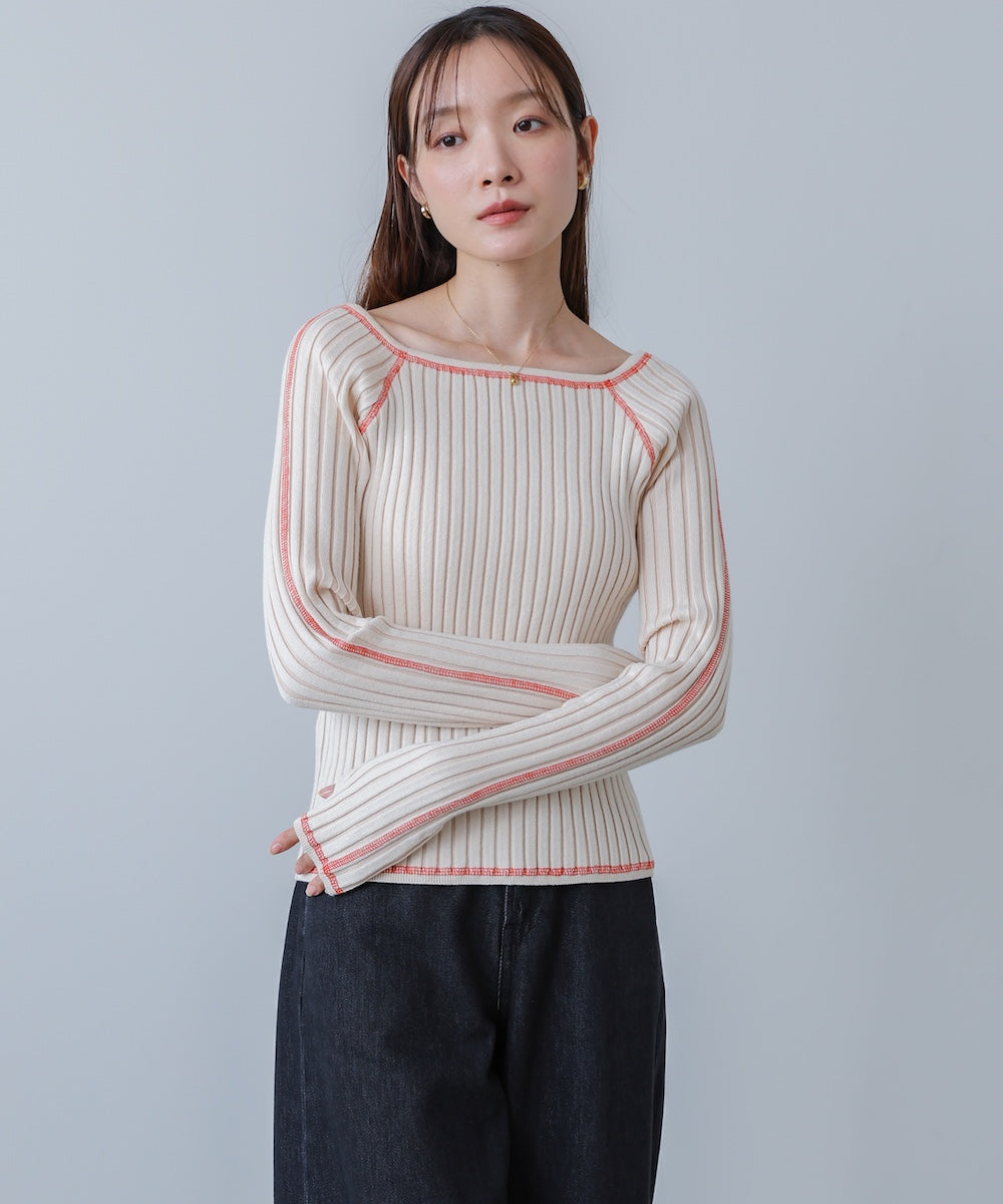 配色ステッチスクエアネックニットトップス