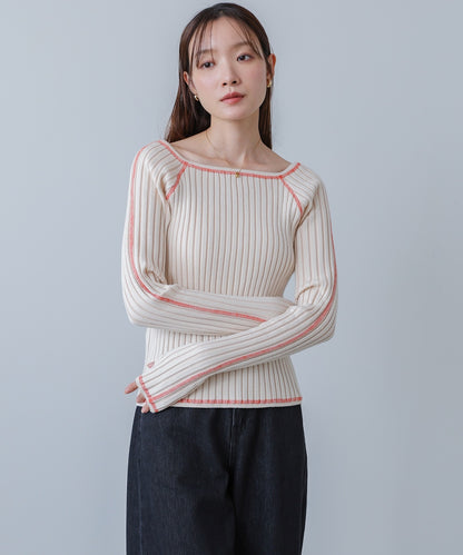 配色ステッチスクエアネックニットトップス