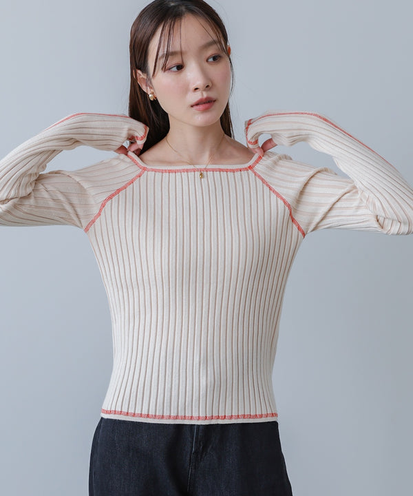 配色ステッチスクエアネックニットトップス