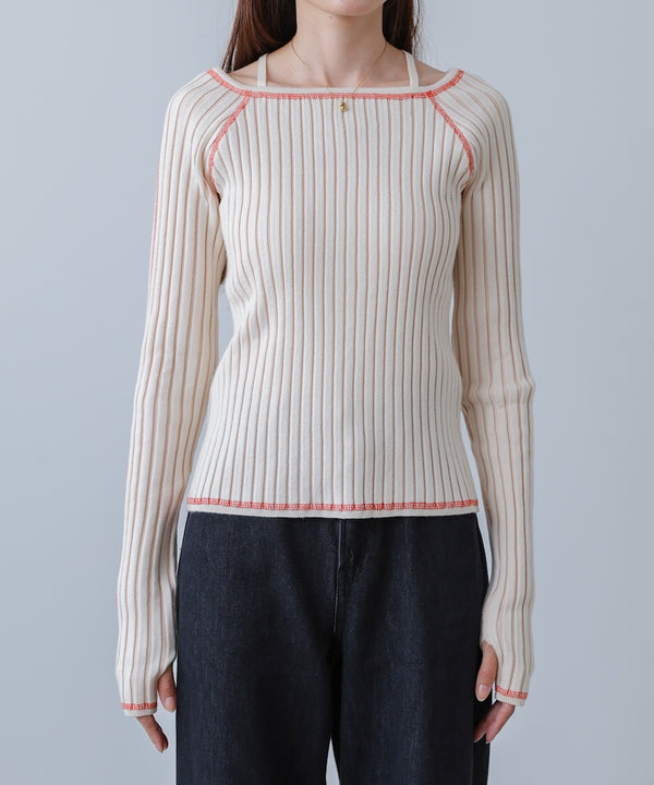 配色ステッチスクエアネックニットトップス