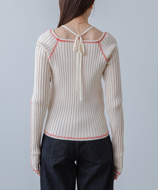 配色ステッチスクエアネックニットトップス