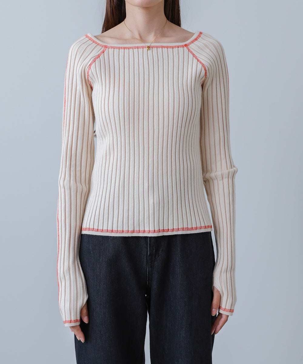 配色ステッチスクエアネックニットトップス
