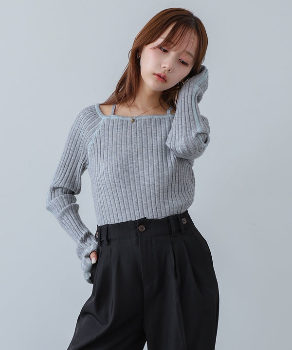配色ステッチスクエアネックニットトップス