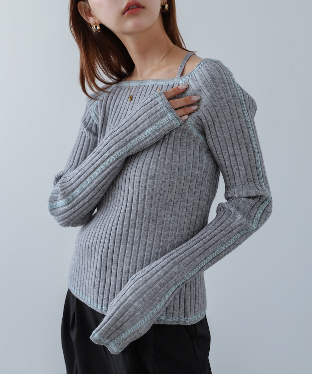 配色ステッチスクエアネックニットトップス