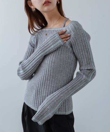 配色ステッチスクエアネックニットトップス