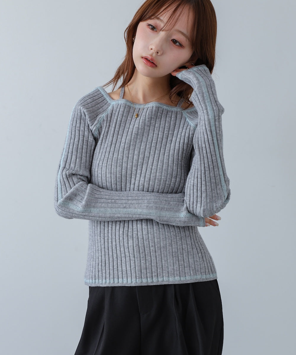 配色ステッチスクエアネックニットトップス