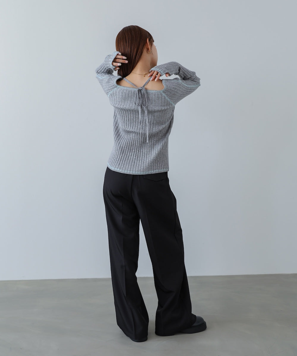 配色ステッチスクエアネックニットトップス