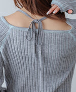 配色ステッチスクエアネックニットトップス