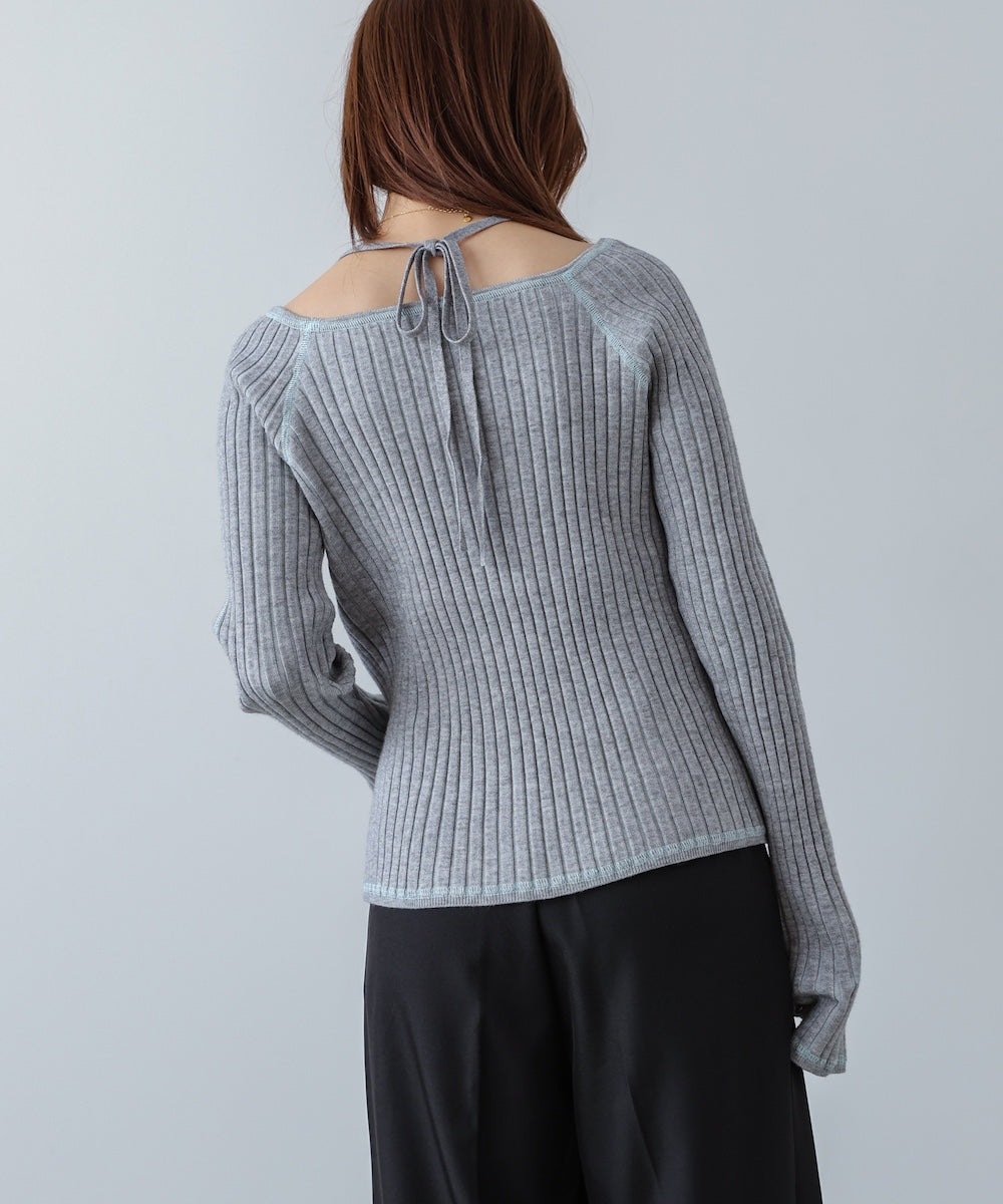 配色ステッチスクエアネックニットトップス