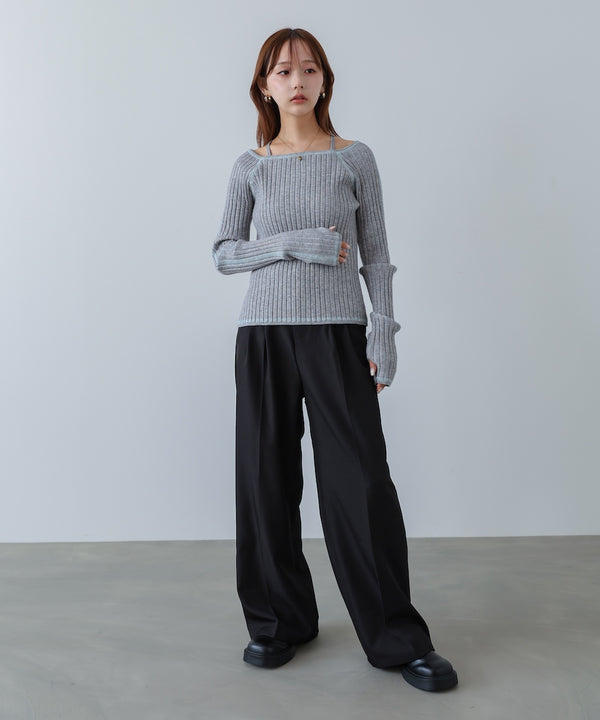 配色ステッチスクエアネックニットトップス