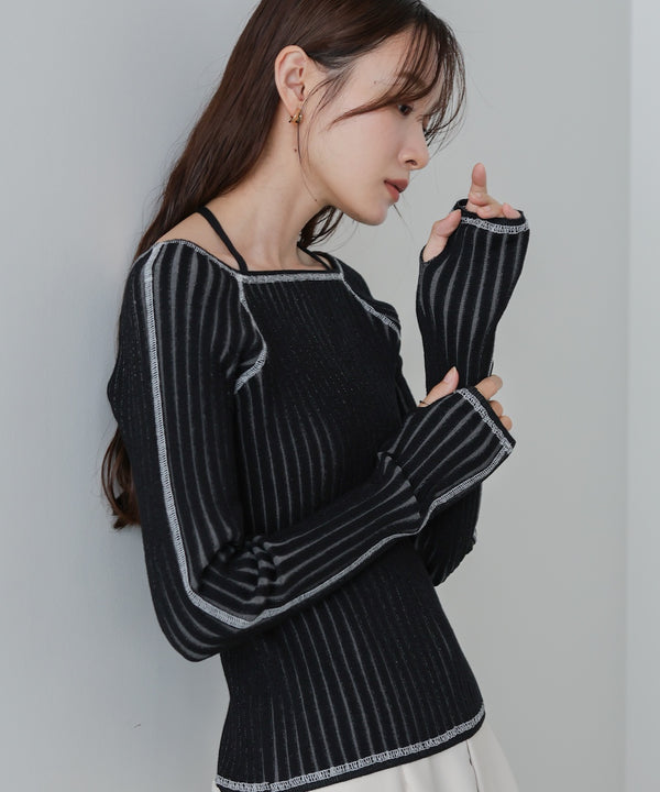 配色ステッチスクエアネックニットトップス