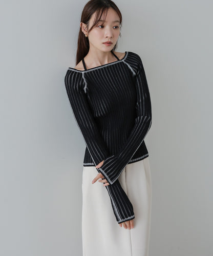 配色ステッチスクエアネックニットトップス