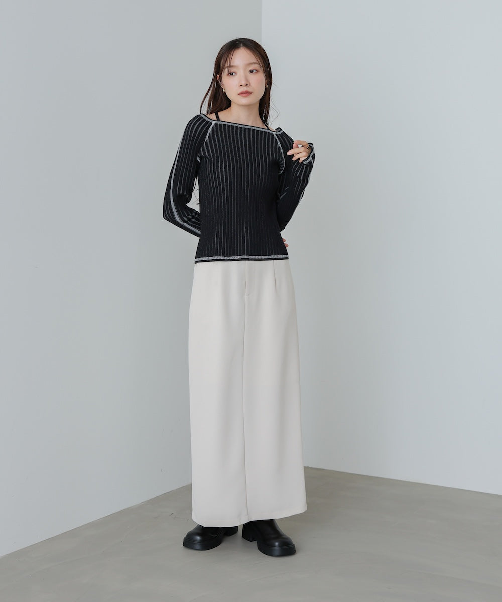 配色ステッチスクエアネックニットトップス