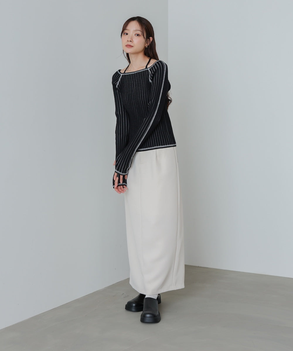 配色ステッチスクエアネックニットトップス