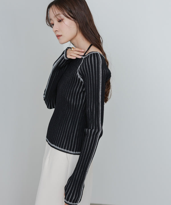 配色ステッチスクエアネックニットトップス