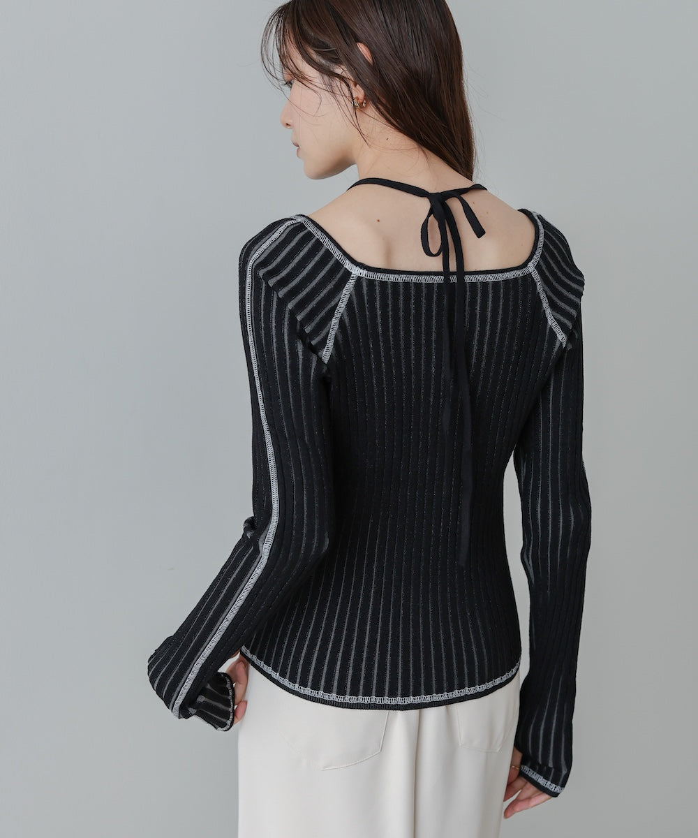 配色ステッチスクエアネックニットトップス