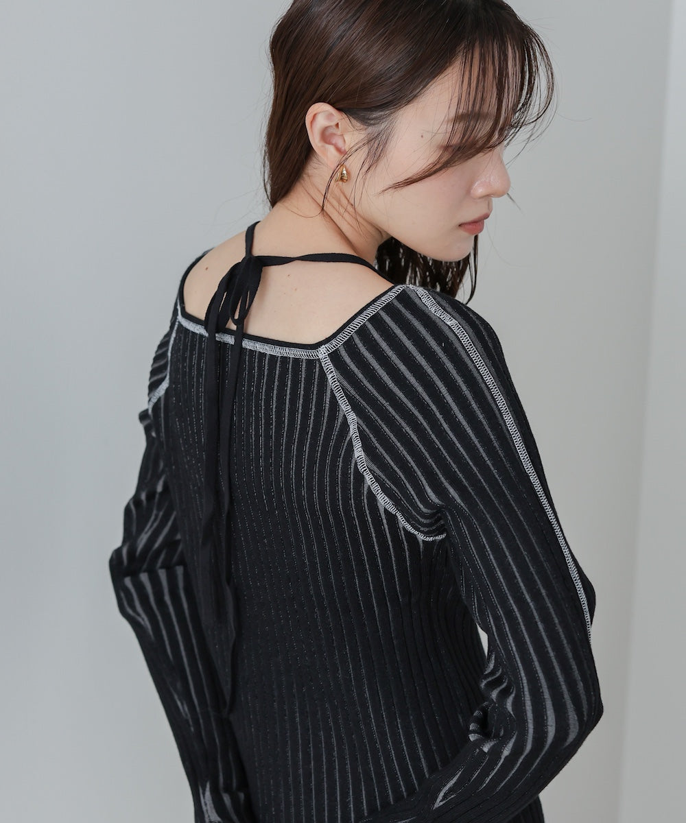 配色ステッチスクエアネックニットトップス