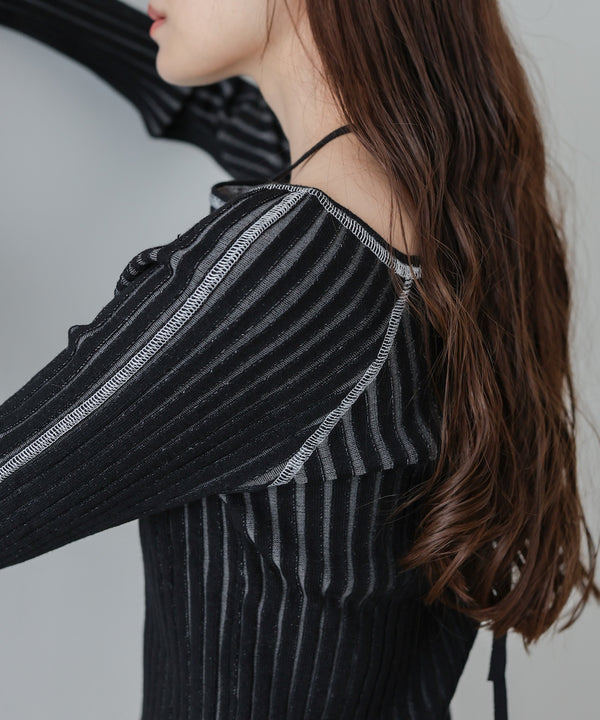 配色ステッチスクエアネックニットトップス