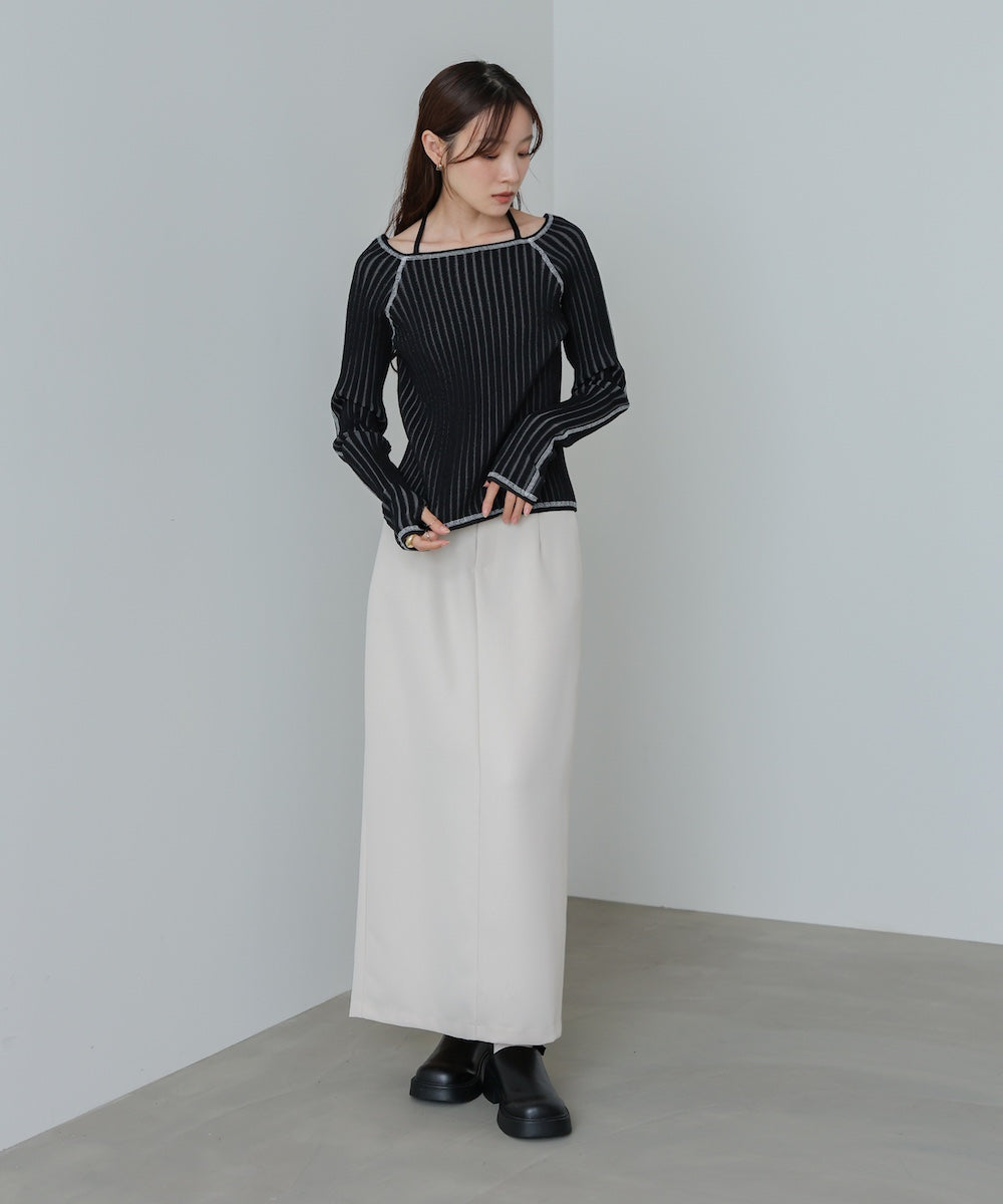 配色ステッチスクエアネックニットトップス