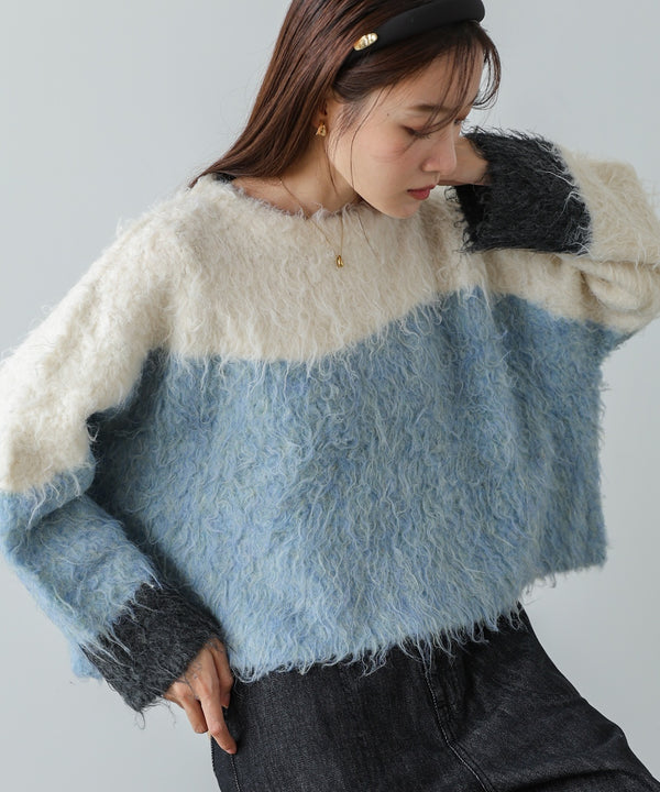 ウェーブ配色ショートニットトップス