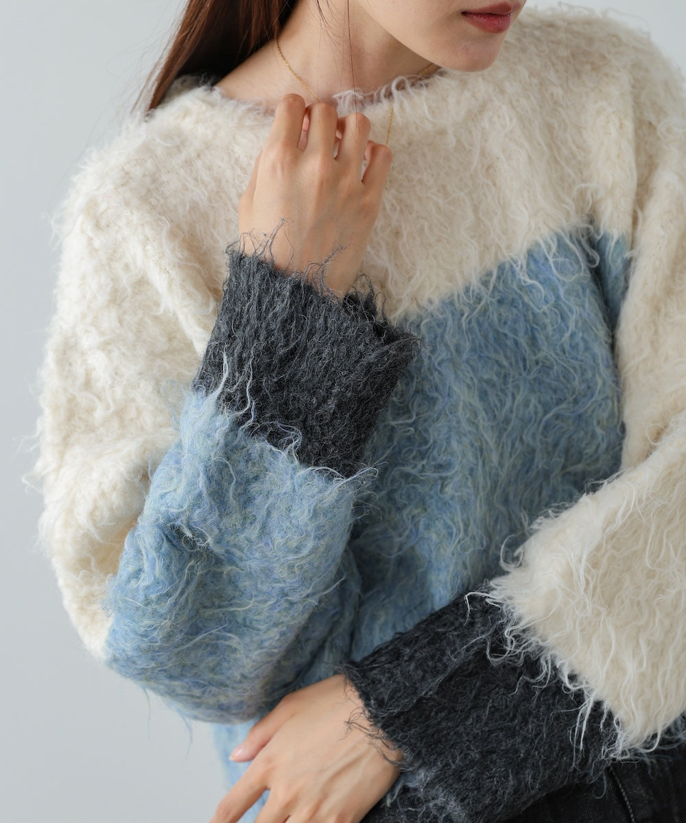 ウェーブ配色ショートニットトップス