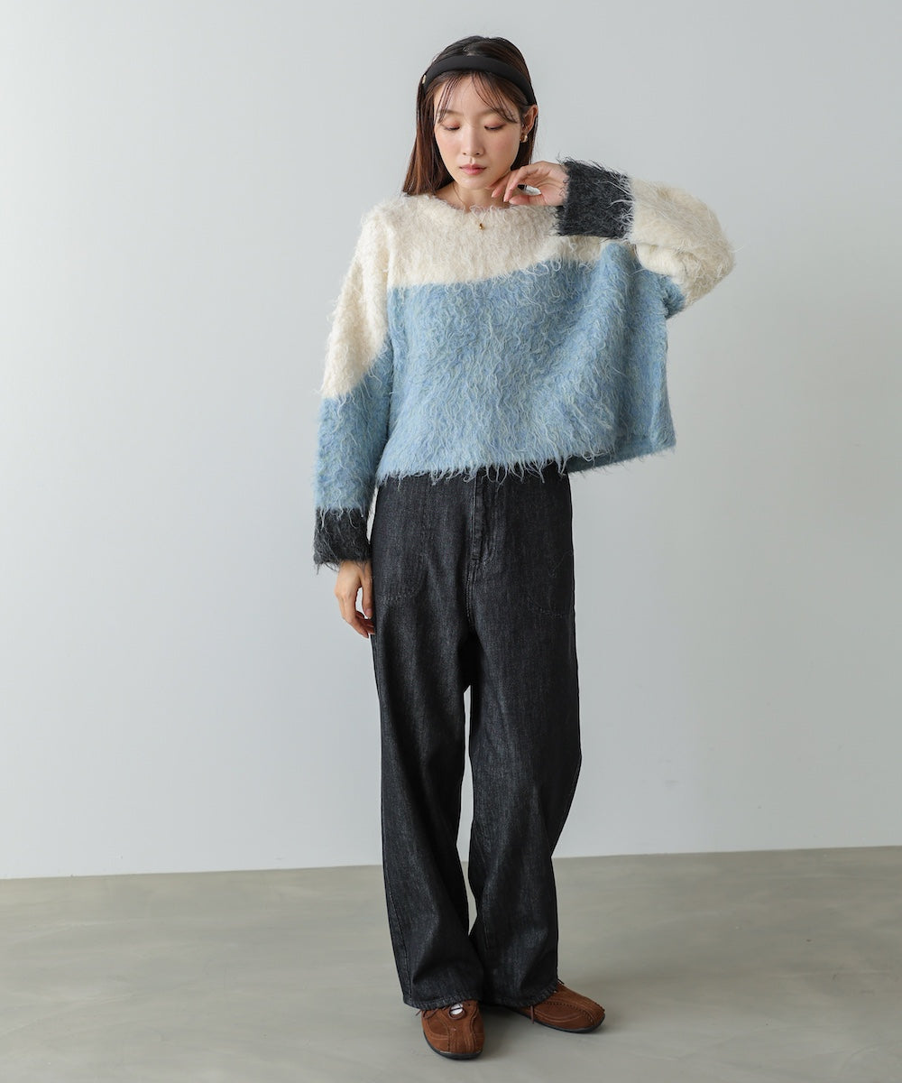 ウェーブ配色ショートニットトップス