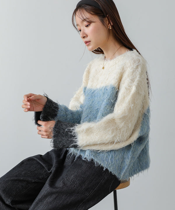 ウェーブ配色ショートニットトップス