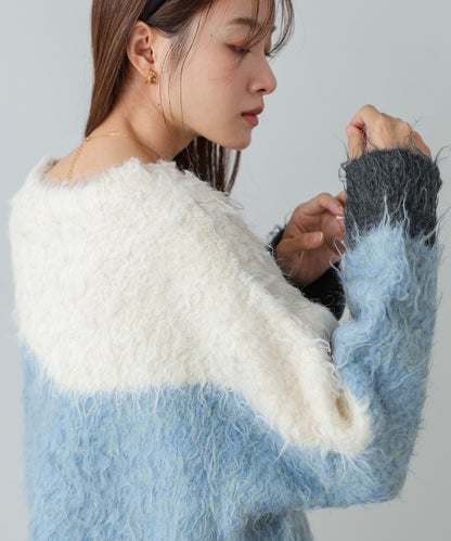 ウェーブ配色ショートニットトップス