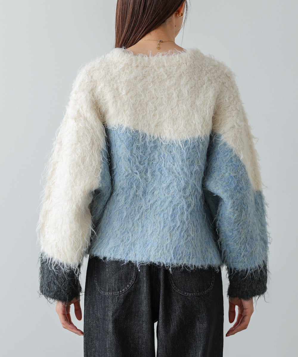 ウェーブ配色ショートニットトップス