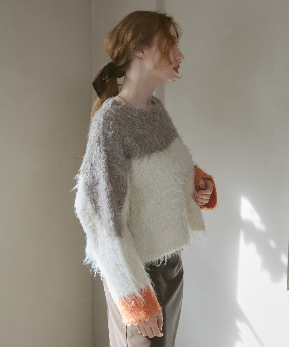 ウェーブ配色ショートニットトップス