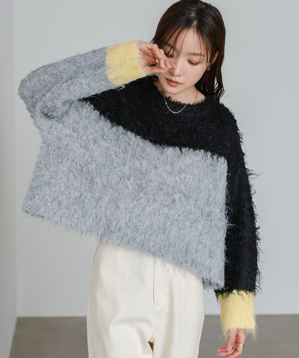 ウェーブ配色ショートニットトップス