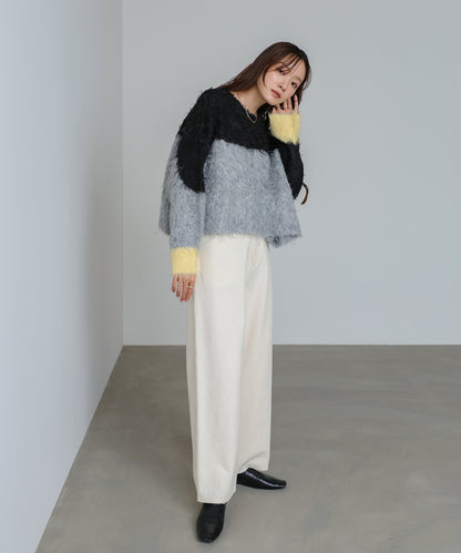 ウェーブ配色ショートニットトップス