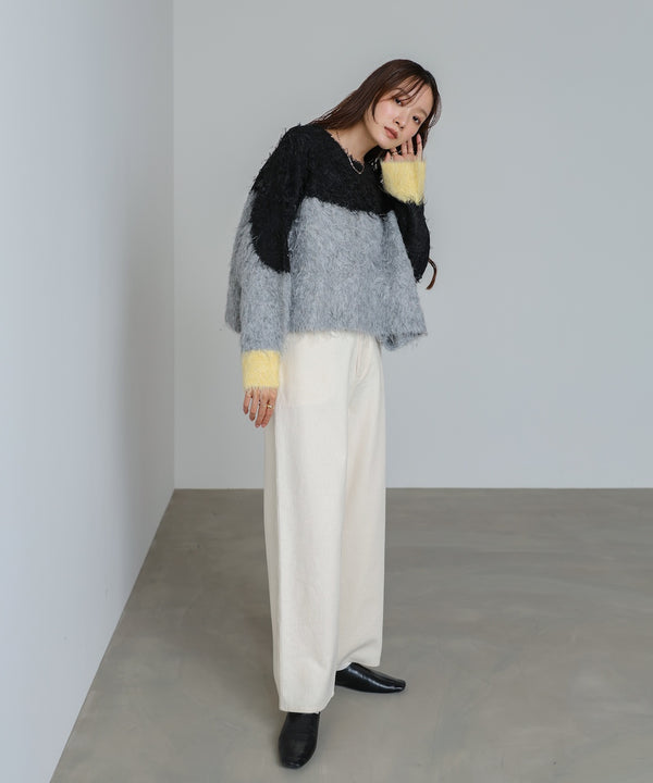 ウェーブ配色ショートニットトップス